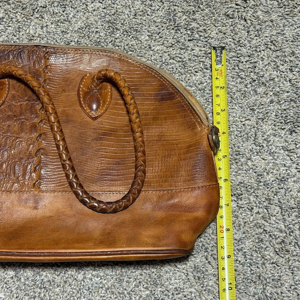 Vintage Fossil Brown Genuine Leather Croc Embossed Dome Handbag Braided Handles